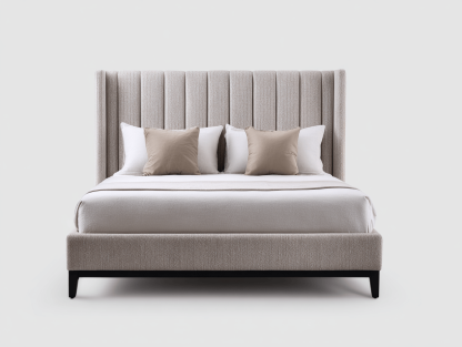 Lit double tapissé – beige – avec tête de lit haute et quatre oreillers inclus