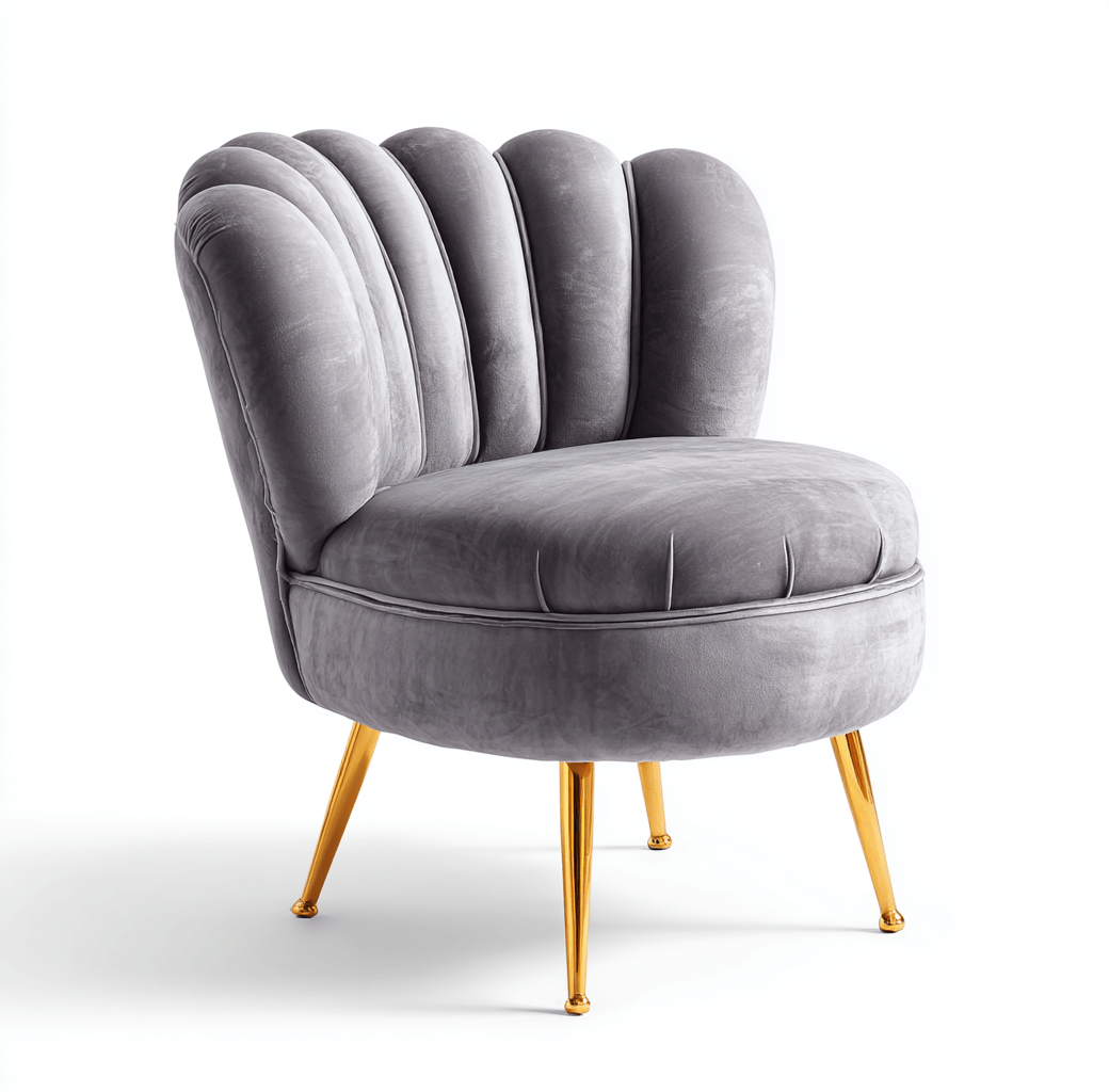 Fauteuil coquille – velours gris – pieds dorés