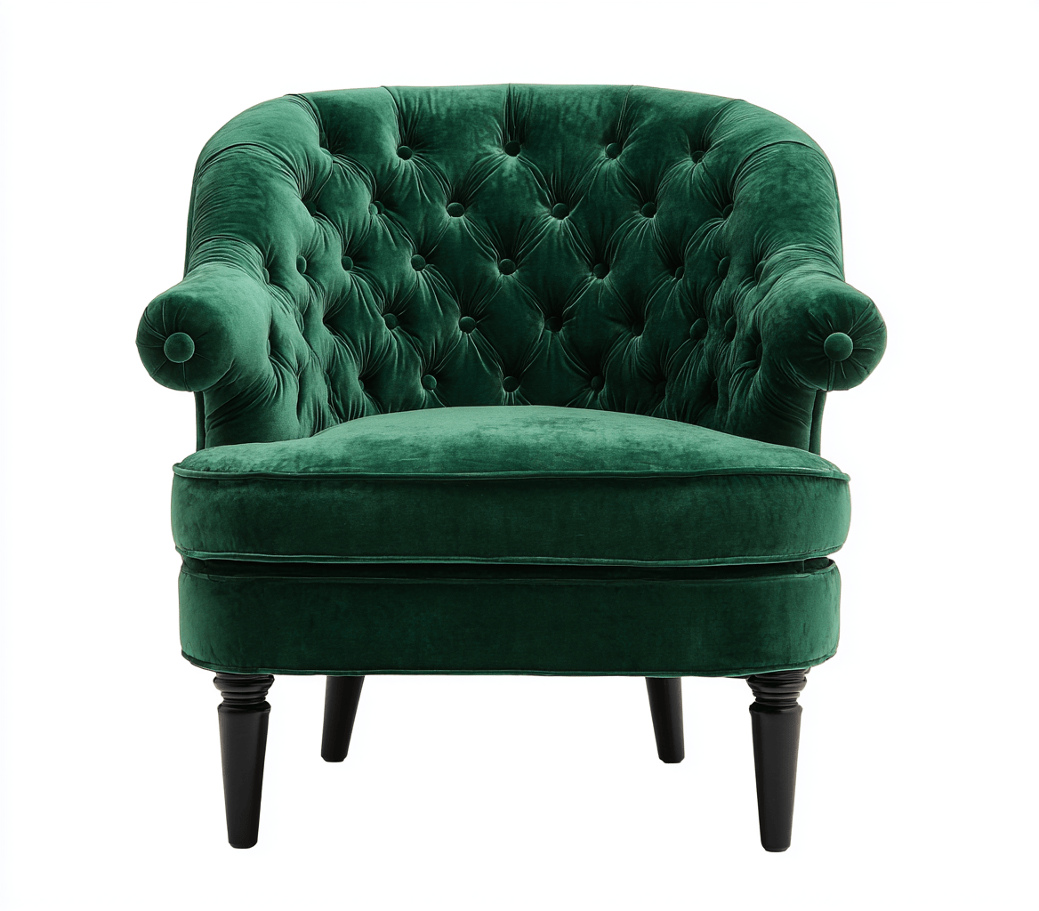 Fauteuil en velours – vert foncé – capitonné avec pieds noirs