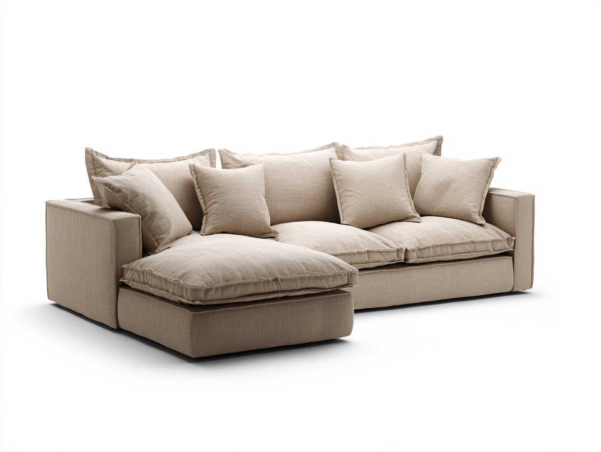 Canapé d'angle en tissu lin beige – avec méridienne intégrée – coussins amovibles et décoratifs