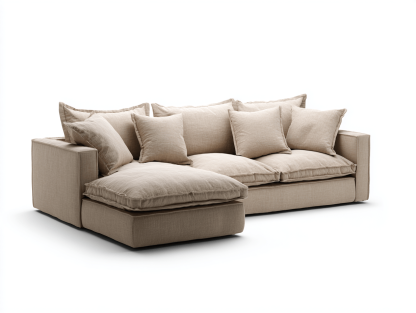 Canapé d'angle en tissu lin beige – avec méridienne intégrée – coussins amovibles et décoratifs