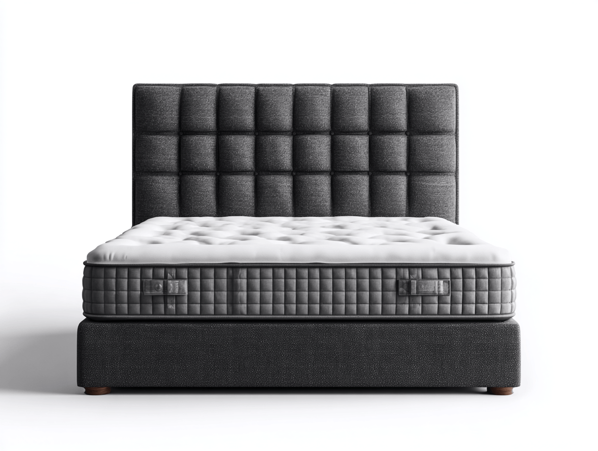 Lit boxspring double – tissu gris foncé – avec tête de lit matelassée à carreaux