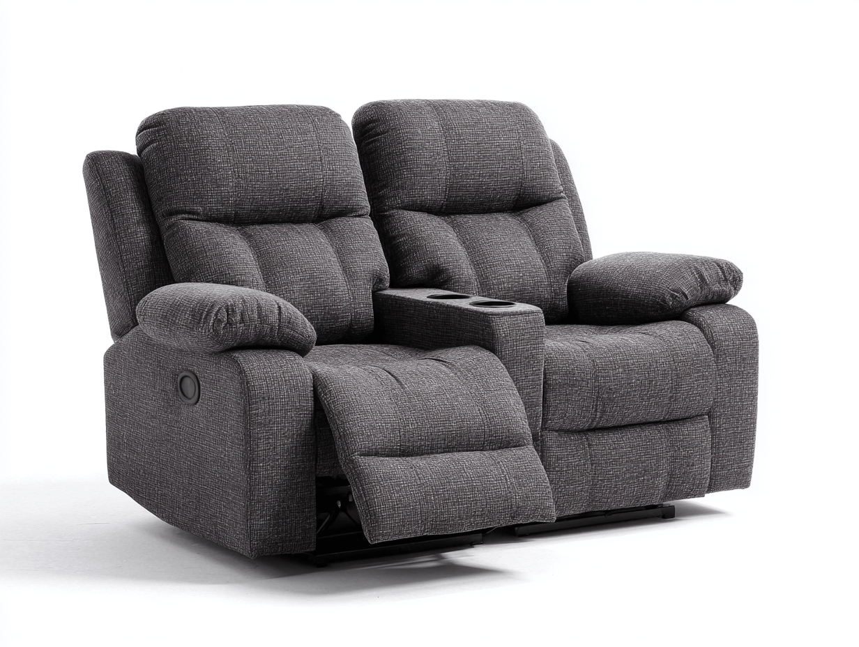 Canapé deux places inclinable - tissu gris foncé - style relax avec repose-pieds manuel et console centrale