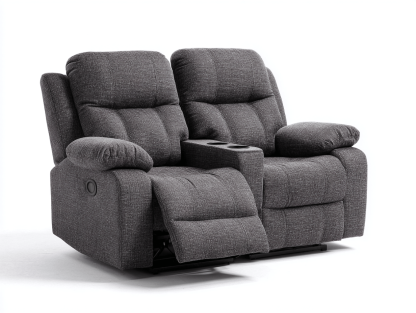 Canapé deux places inclinable - tissu gris foncé - style relax avec repose-pieds manuel et console centrale
