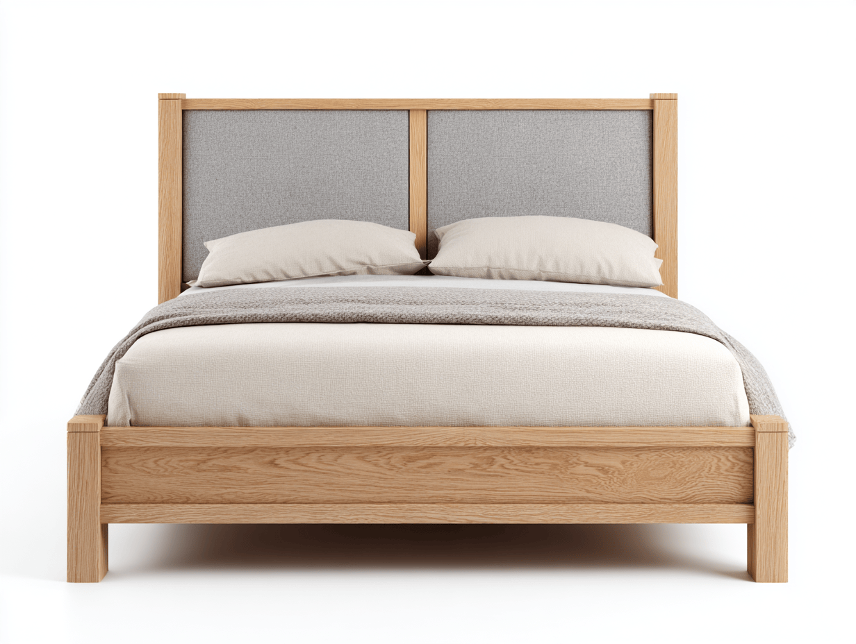 Lit double en chêne massif – tissu gris clair – style moderne avec coussins assortis
