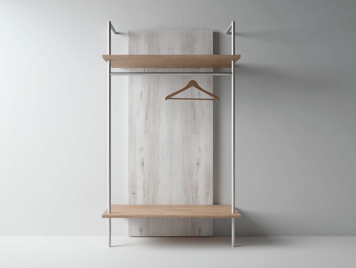 Portant mural ouvert – métal blanc et bois clair – style minimaliste