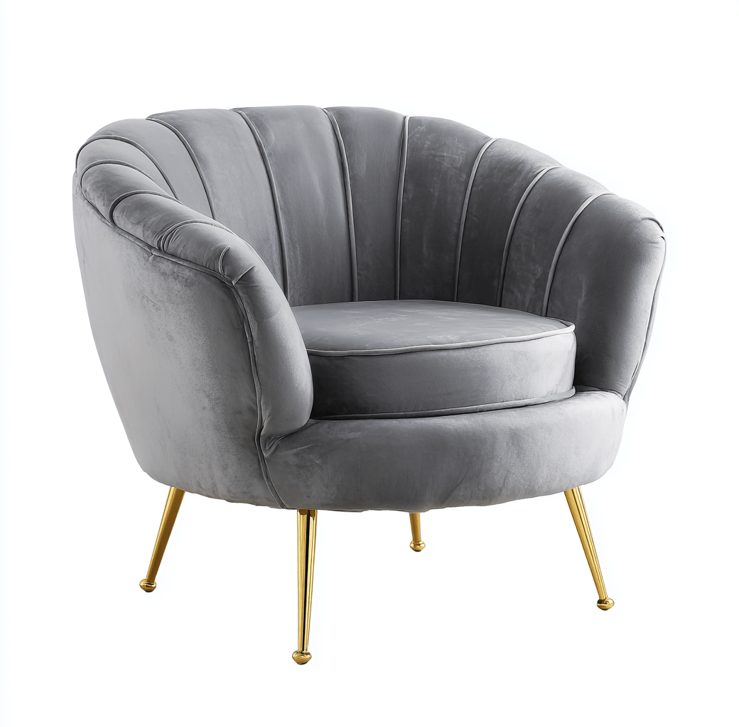 Fauteuil dossier coquillage – velours gris – pieds dorés en métal