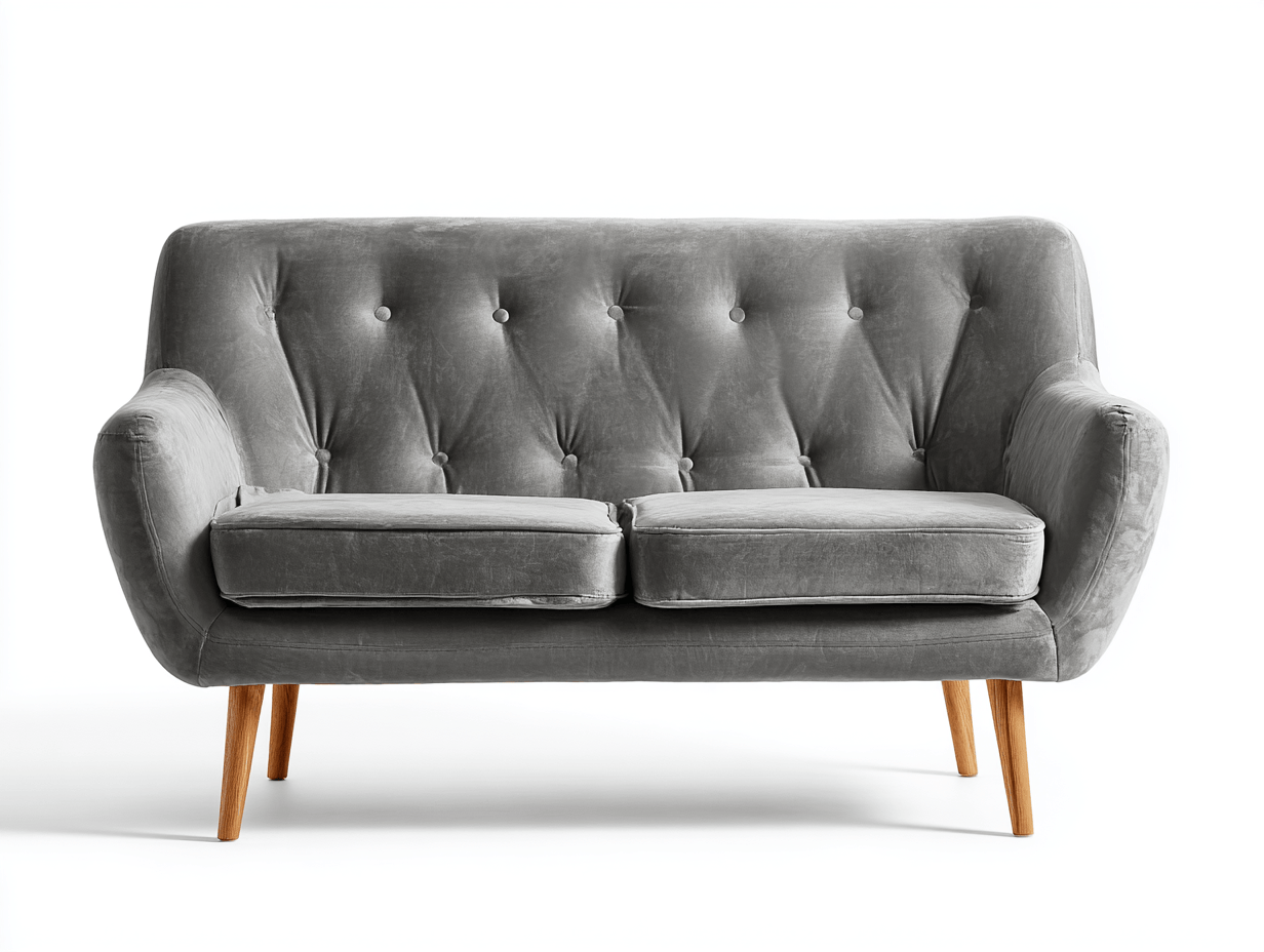 Canapé deux places - velours gris - style rétro avec dossier capitonné et pieds en bois
