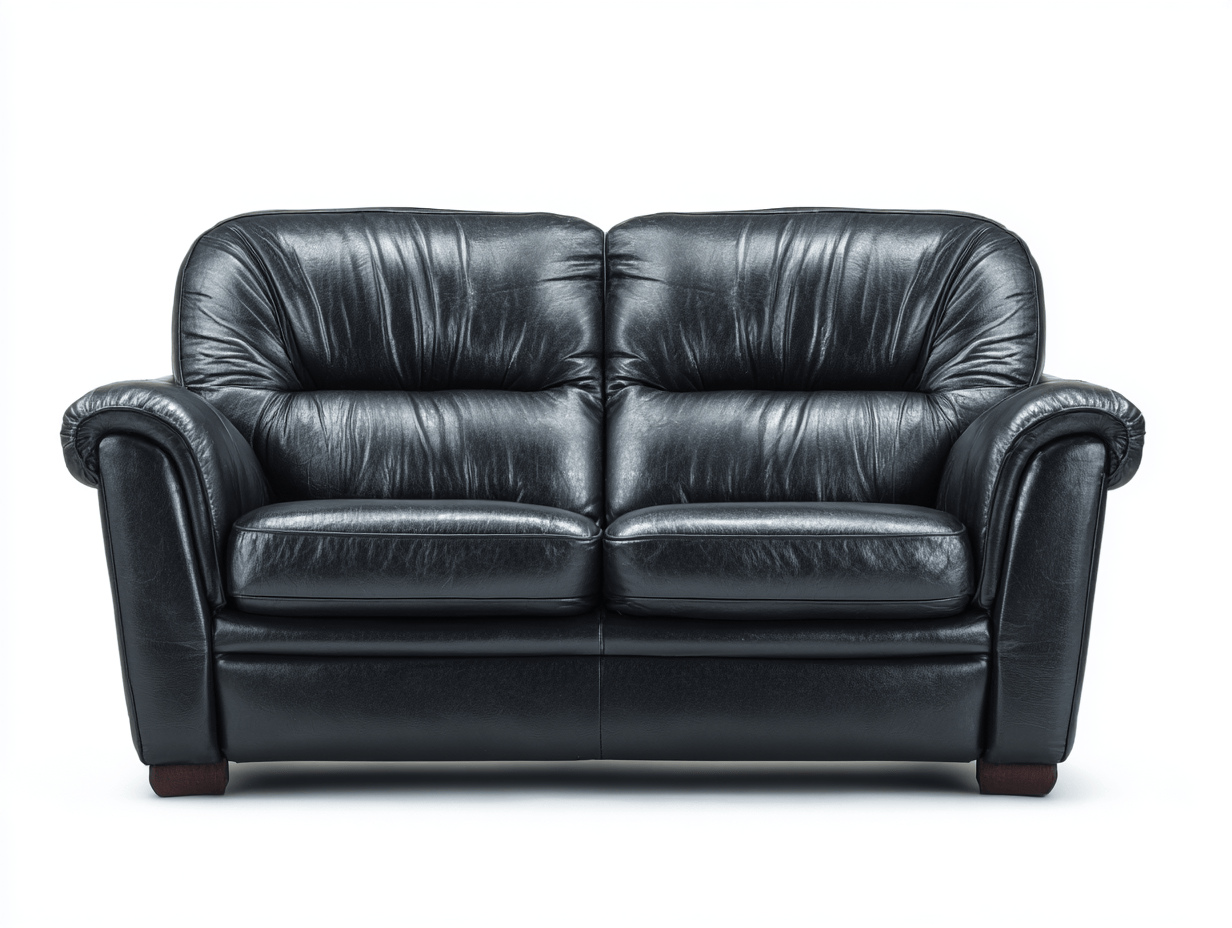 Canapé 2 places – similicuir noir – dossier rembourré plissé et accoudoirs ronds