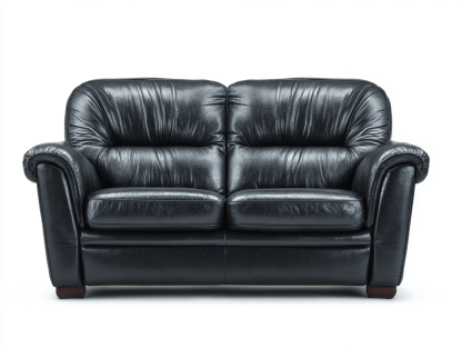 Canapé 2 places – similicuir noir – dossier rembourré plissé et accoudoirs ronds