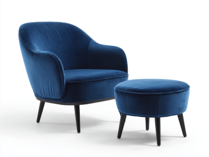 Fauteuil avec repose-pieds – velours bleu – design contemporain