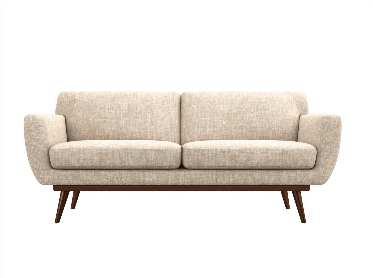 Canapé 2 places – tissu beige – piètement en bois foncé – style moderne