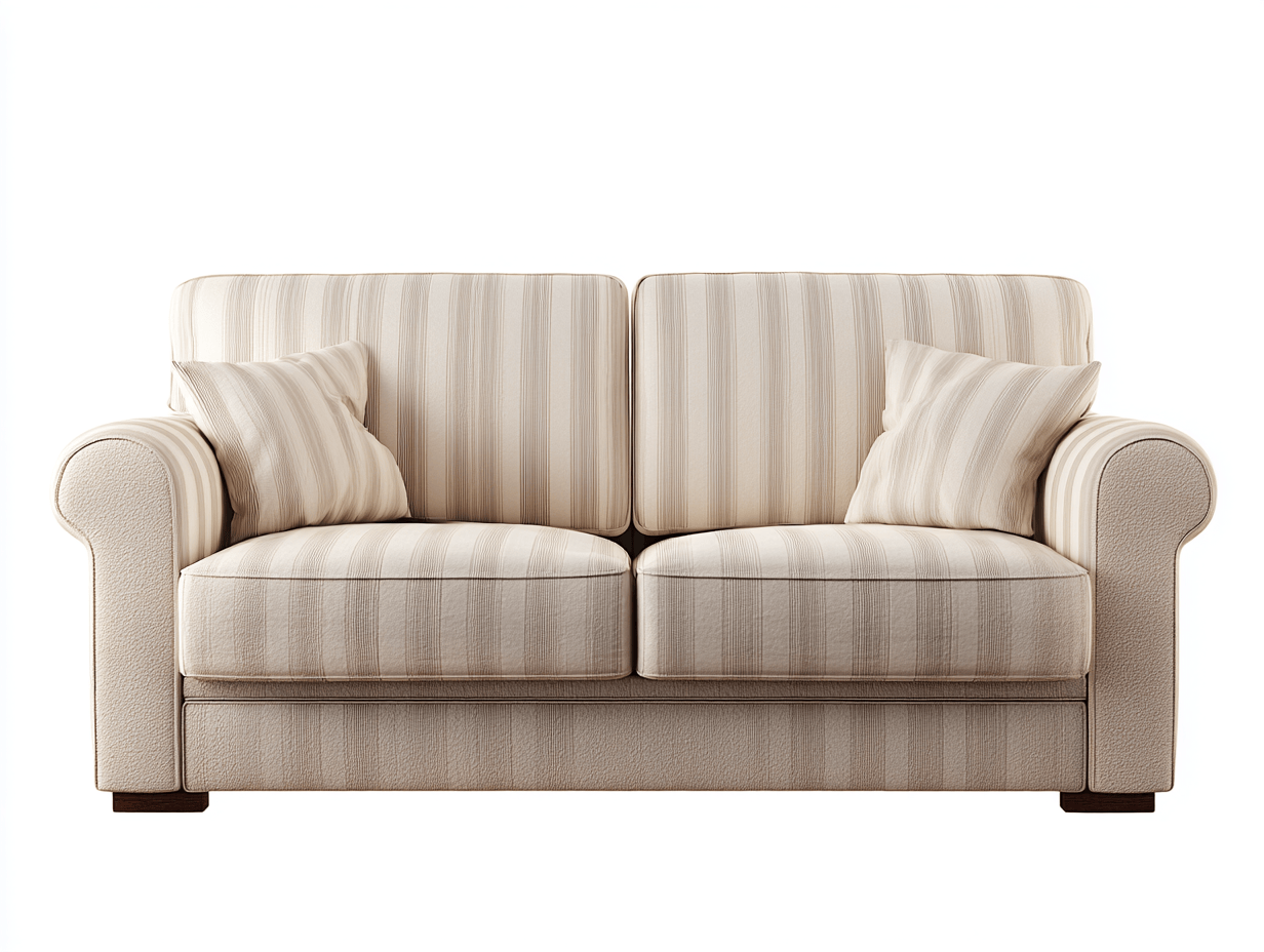 Canapé 2 places – tissu à rayures crème – structure fixe – avec coussins