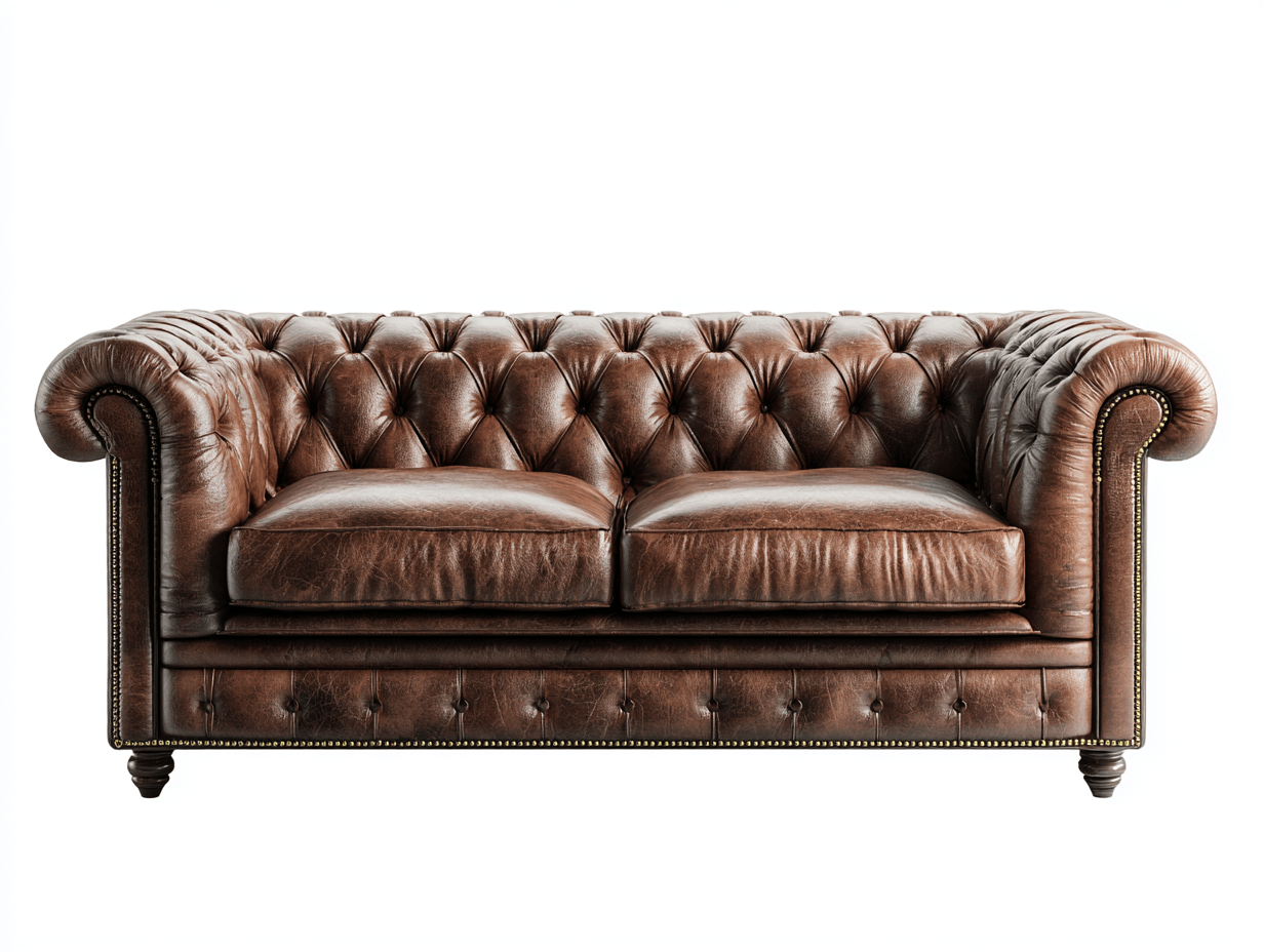 Canapé Chesterfield 3 places – cuir véritable marron – capitonné avec accoudoirs roulés