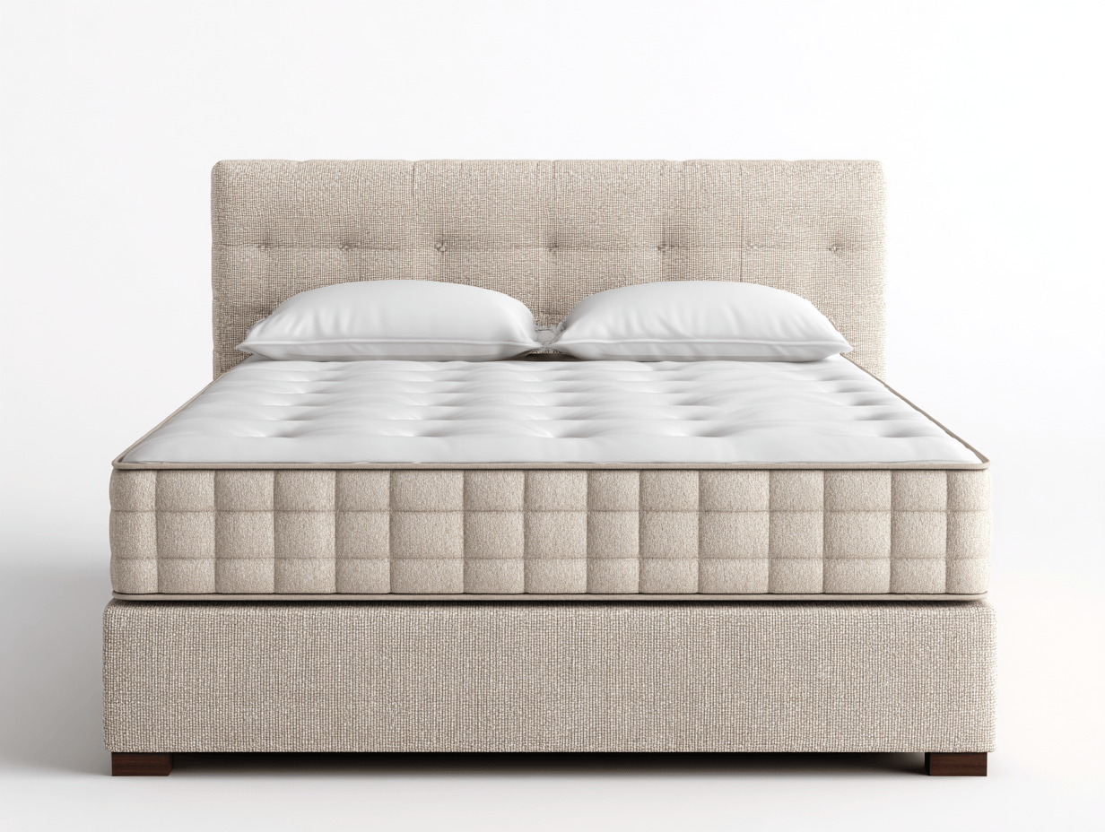 Lit double tapissé – tissu beige – avec matelas et oreillers