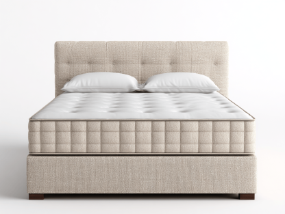 Lit double tapissé – tissu beige – avec matelas et oreillers