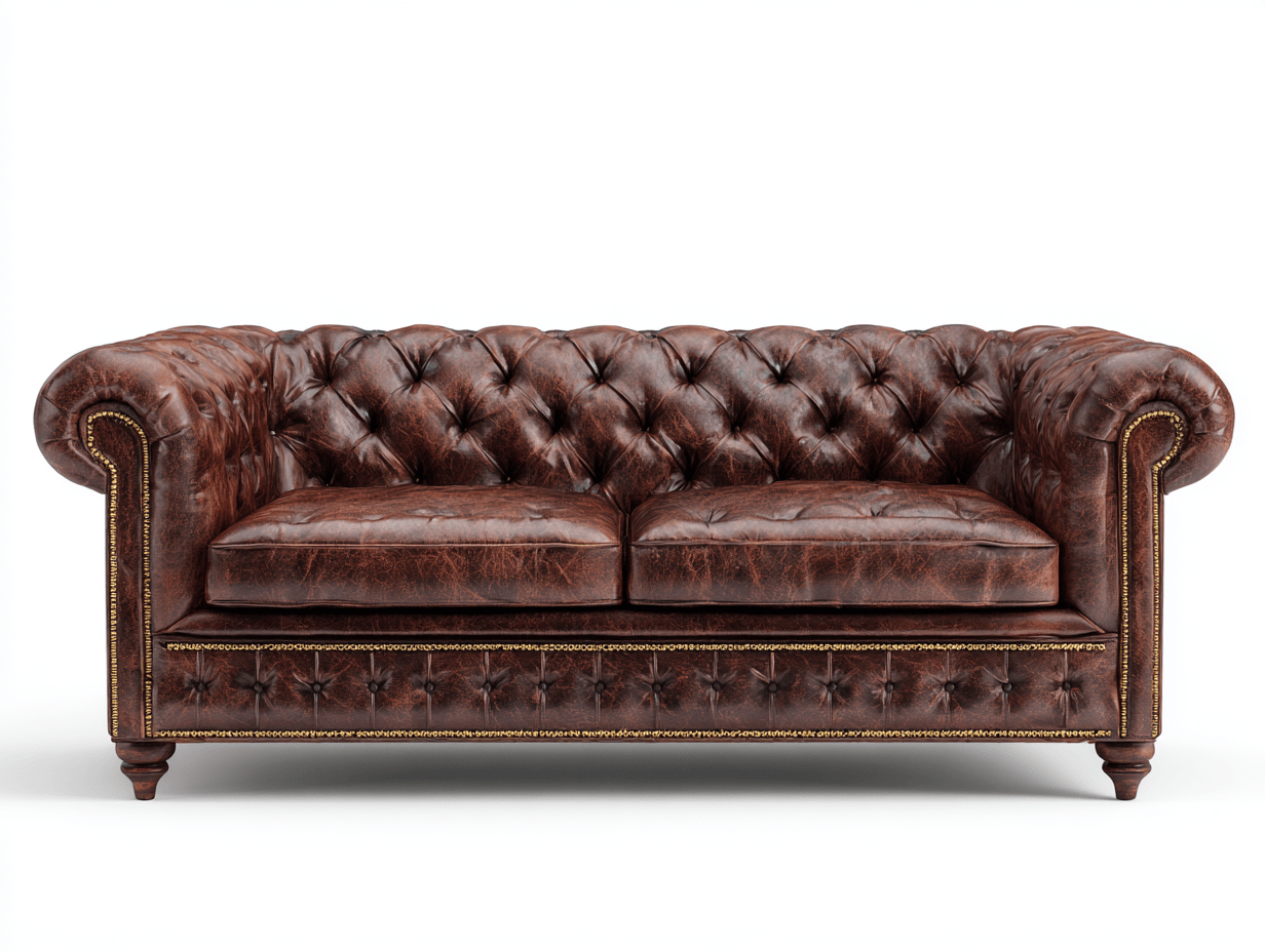 Canapé 2 places – cuir synthétique marron – dossier capitonné et accoudoirs roulés