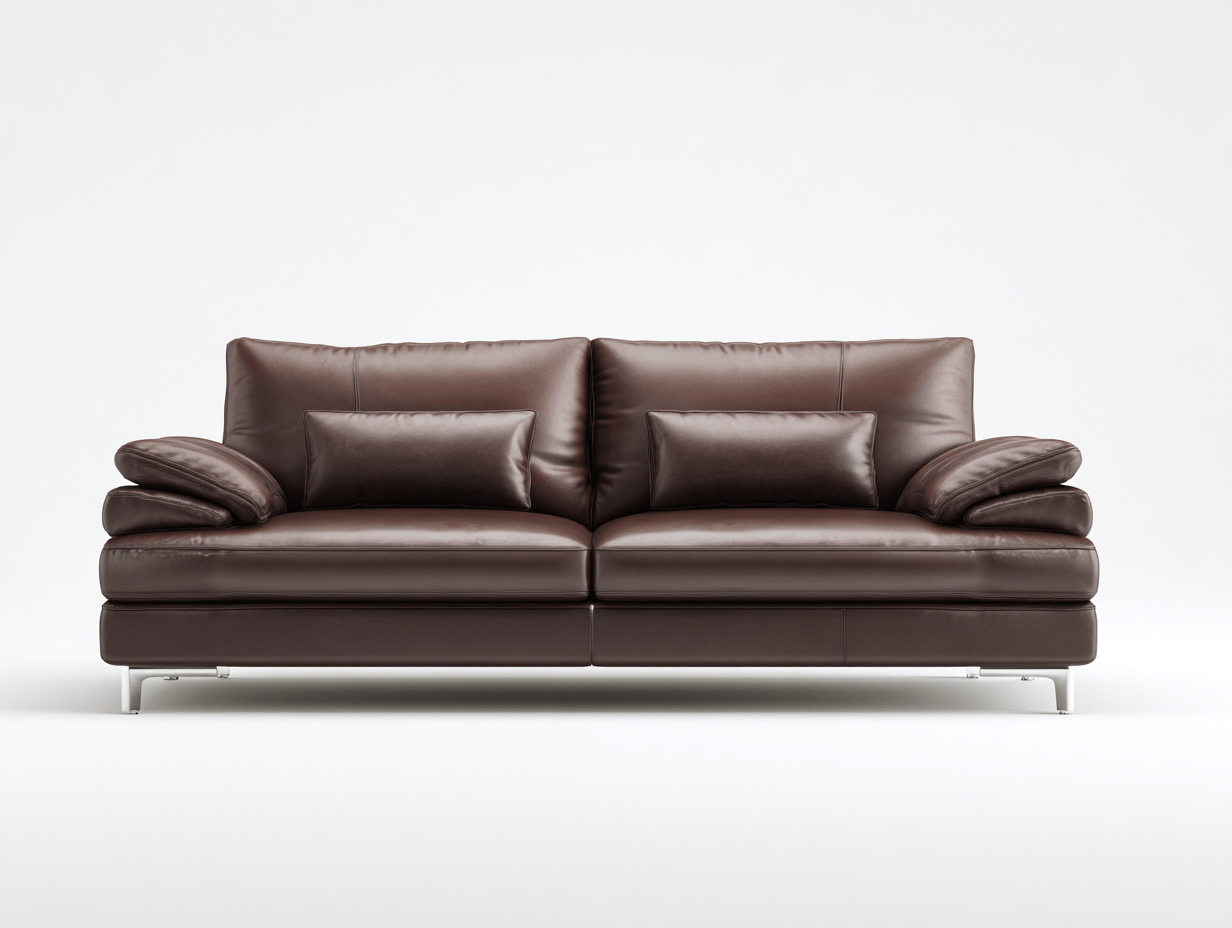 Canapé 2 places – cuir synthétique marron foncé – coussins multiples et pieds en métal chromé