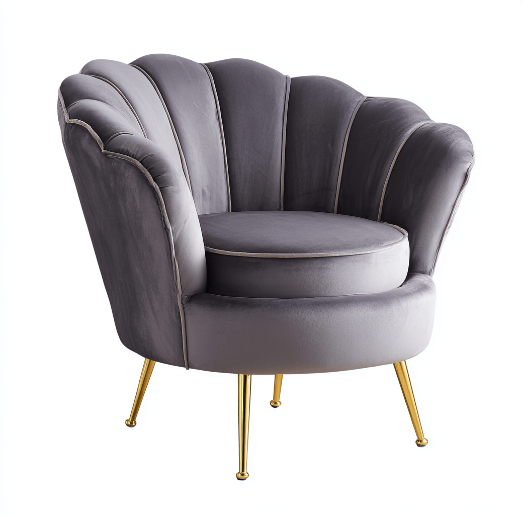 Fauteuil coquillage – velours gris – pieds dorés en métal