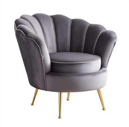 Fauteuil coquillage – velours gris – pieds dorés en métal
