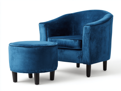 Fauteuil en velours – bleu – avec pouf rond assorti