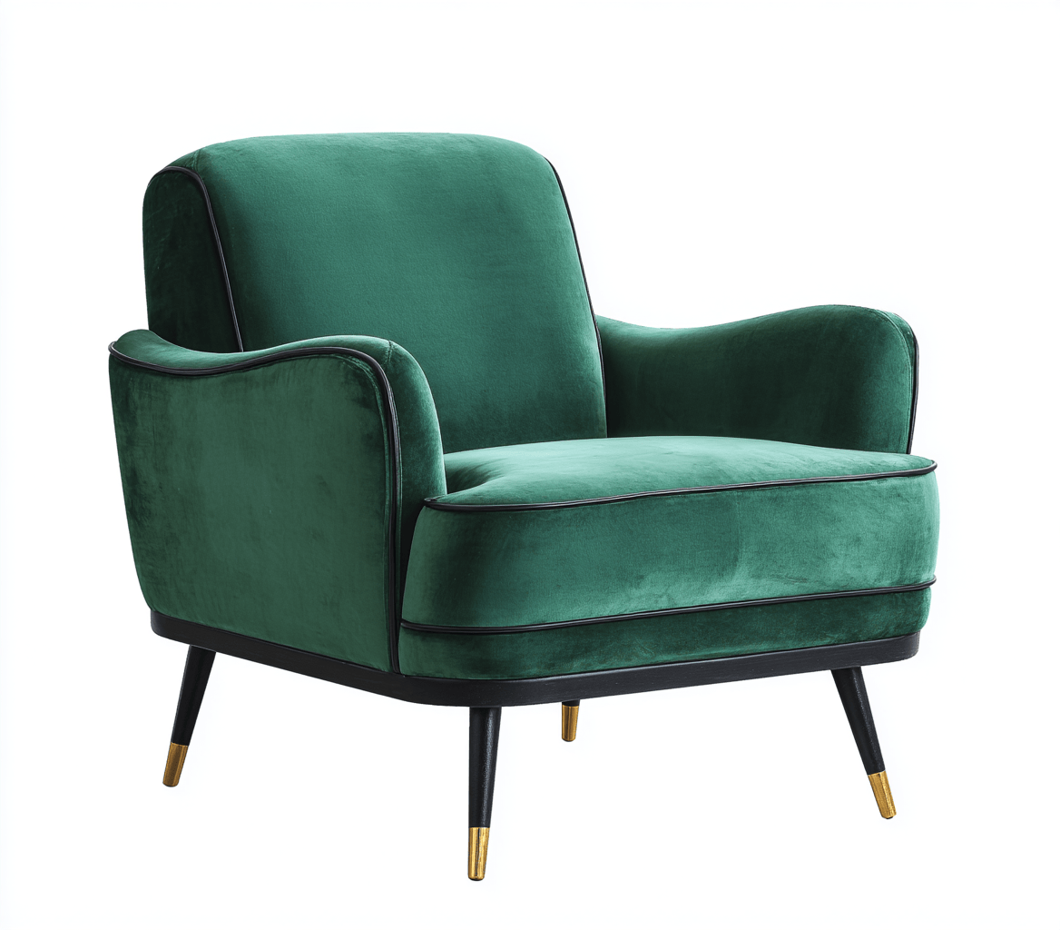 Fauteuil tapissé – velours vert foncé – pieds noirs avec embouts dorés