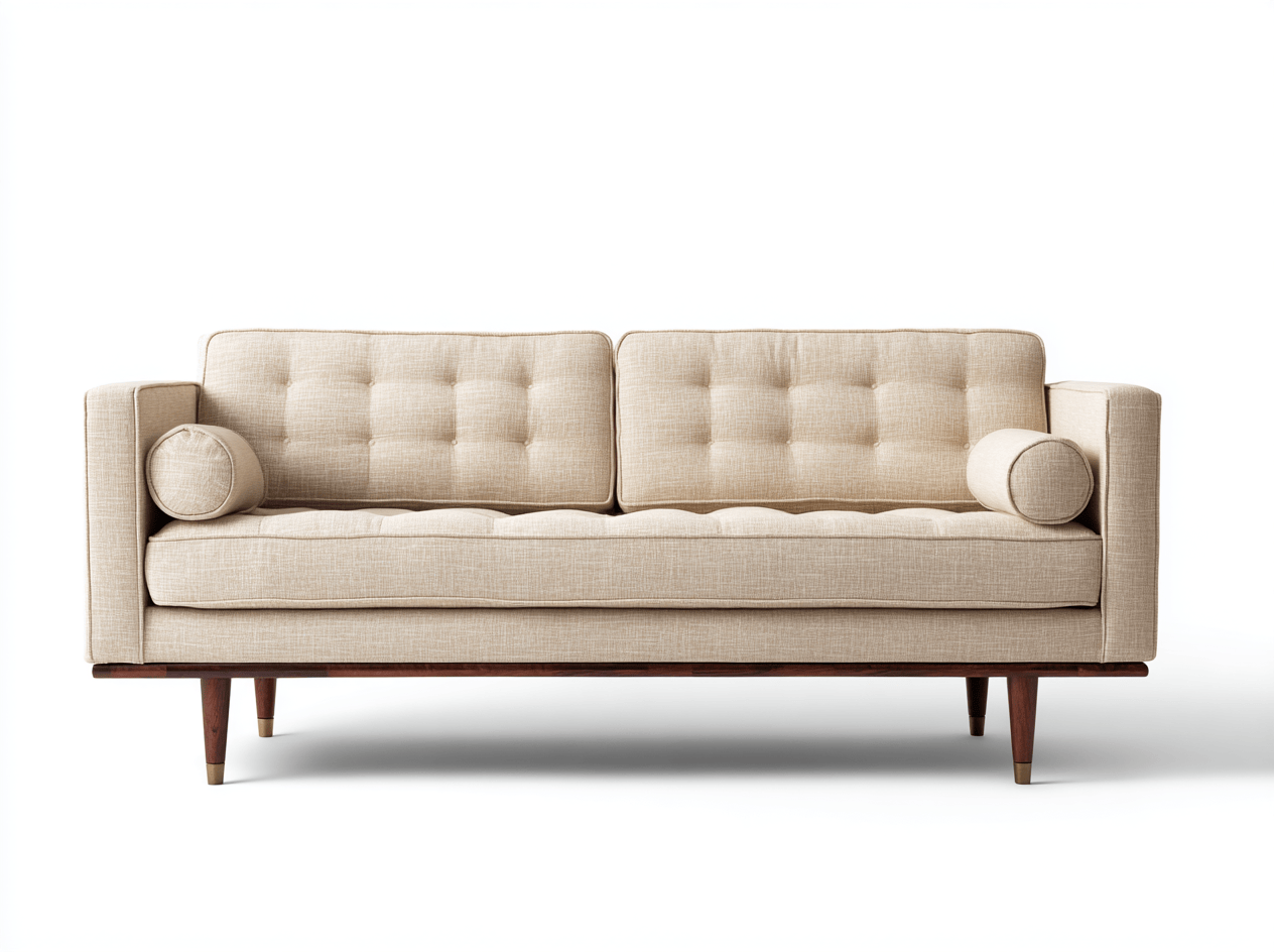 Canapé trois places - tissu beige - style vintage avec coussins cylindriques et pieds en bois