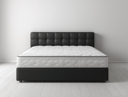 Lit double tapissé – cuir synthétique noir – avec sommier intégré