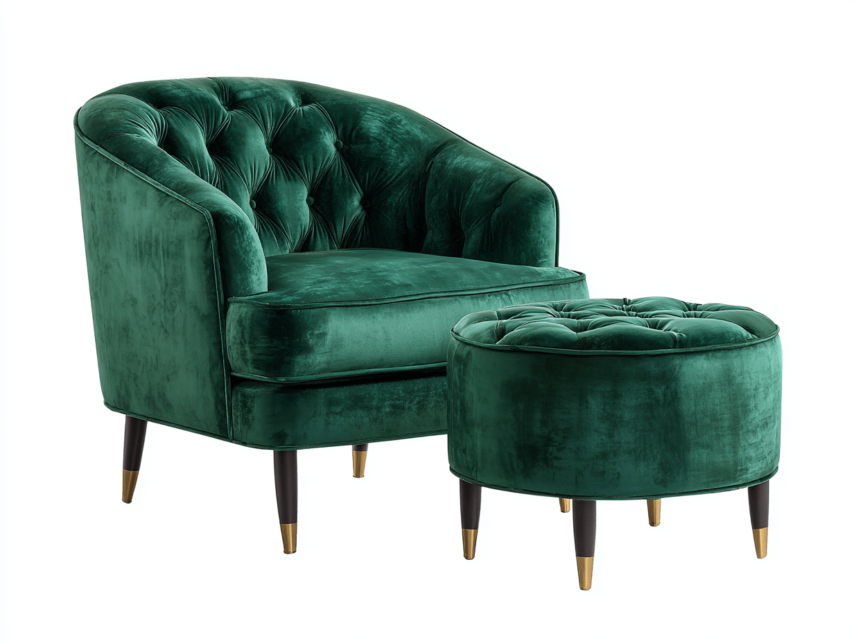 Fauteuil avec repose-pieds – velours vert foncé – dossier capitonné