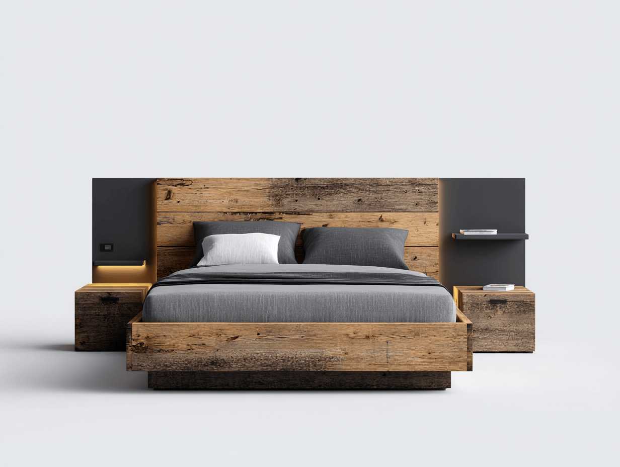 Lit double – bois brut et gris anthracite – style industriel avec éclairage LED, trois coussins et tables de chevet intégrées
