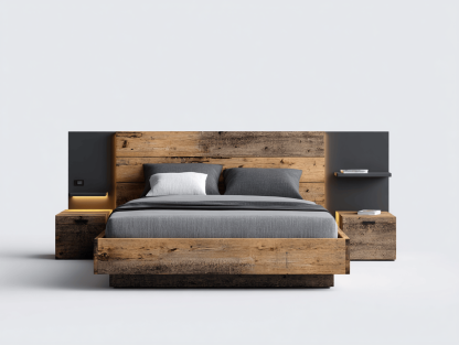 Lit double – bois brut et gris anthracite – style industriel avec éclairage LED, trois coussins et tables de chevet intégrées