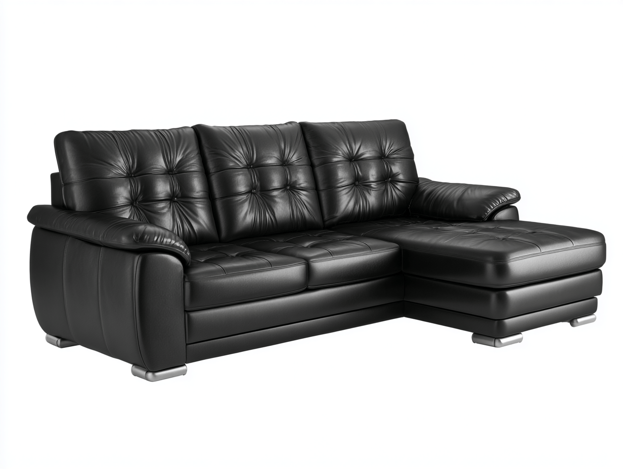 Canapé d’angle 3 places – similicuir noir – avec méridienne matelassée