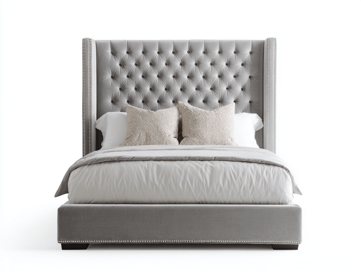 Lit double capitonné – velours gris clair – style élégant avec tête de lit haute