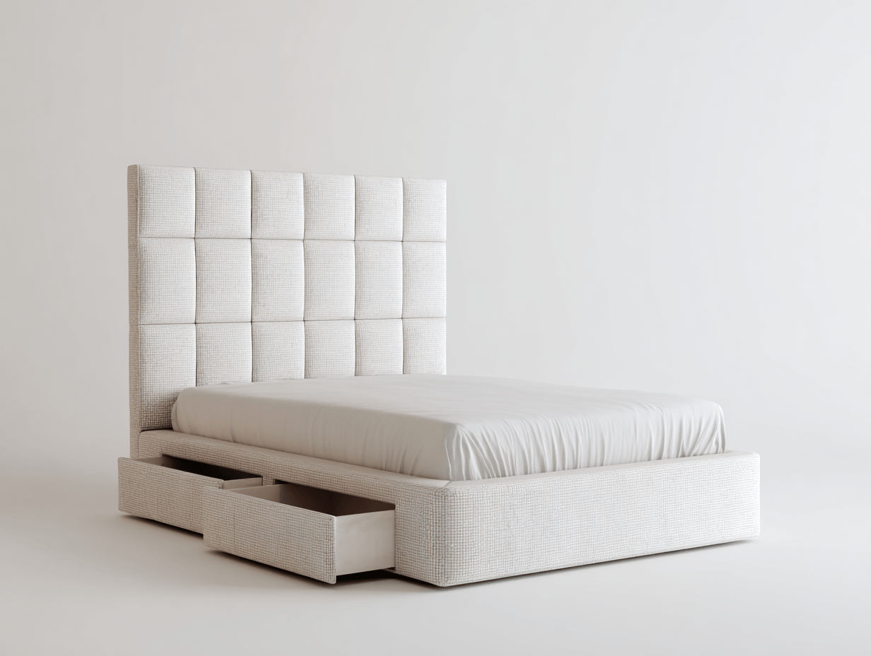 Lit double tapissé – tissu beige – avec tiroirs de rangement