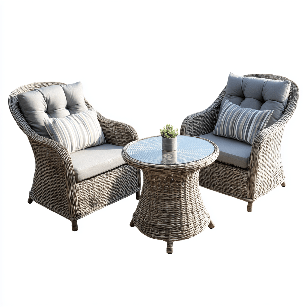 Salon de jardin 3 pièces – rotin synthétique – marron/gris – fauteuils à dossier haut avec coussins décoratifs