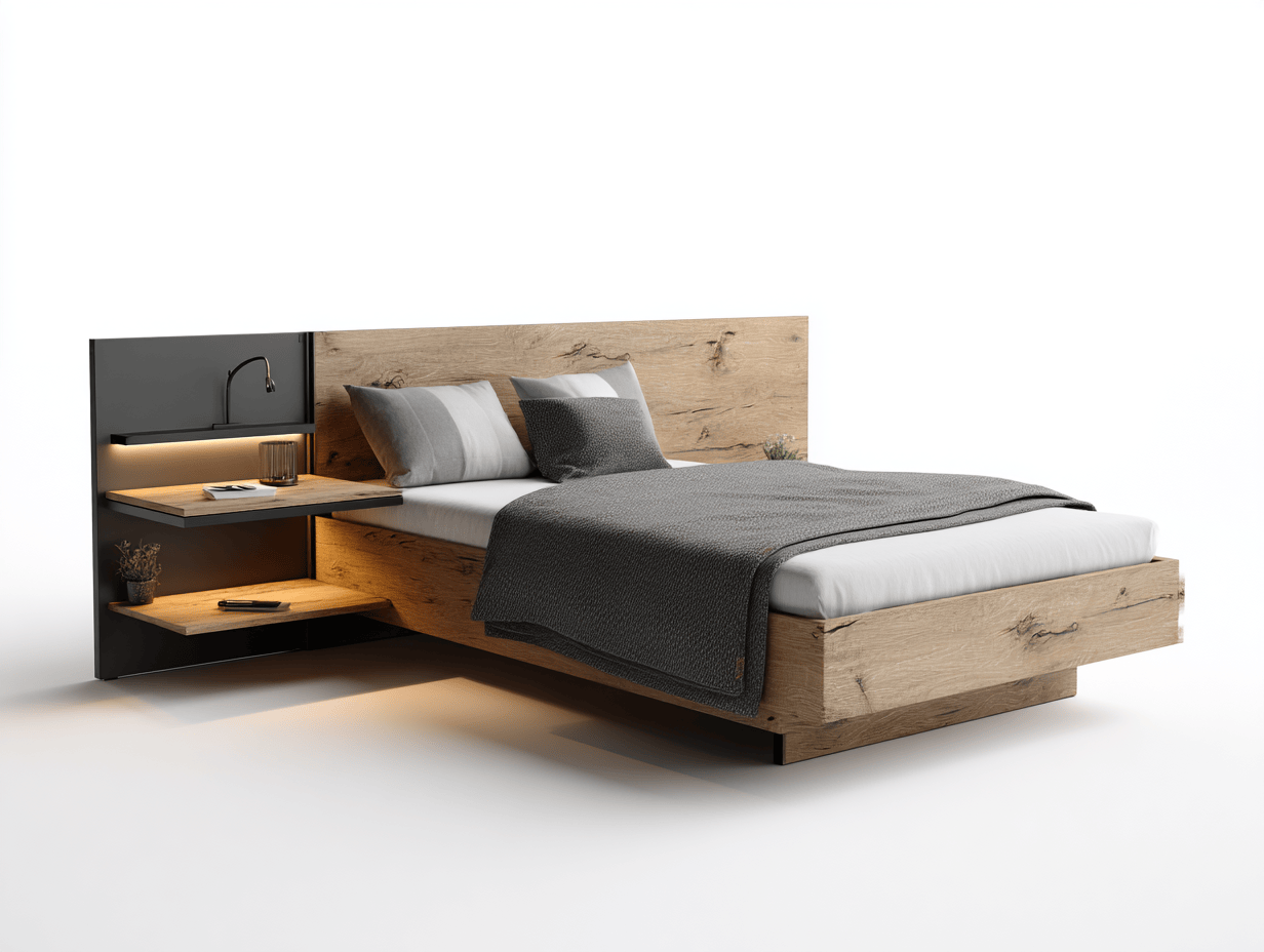 Lit double en bois clair – tête de lit avec étagères et éclairage sur un côté – design suspendu avec 3 coussins