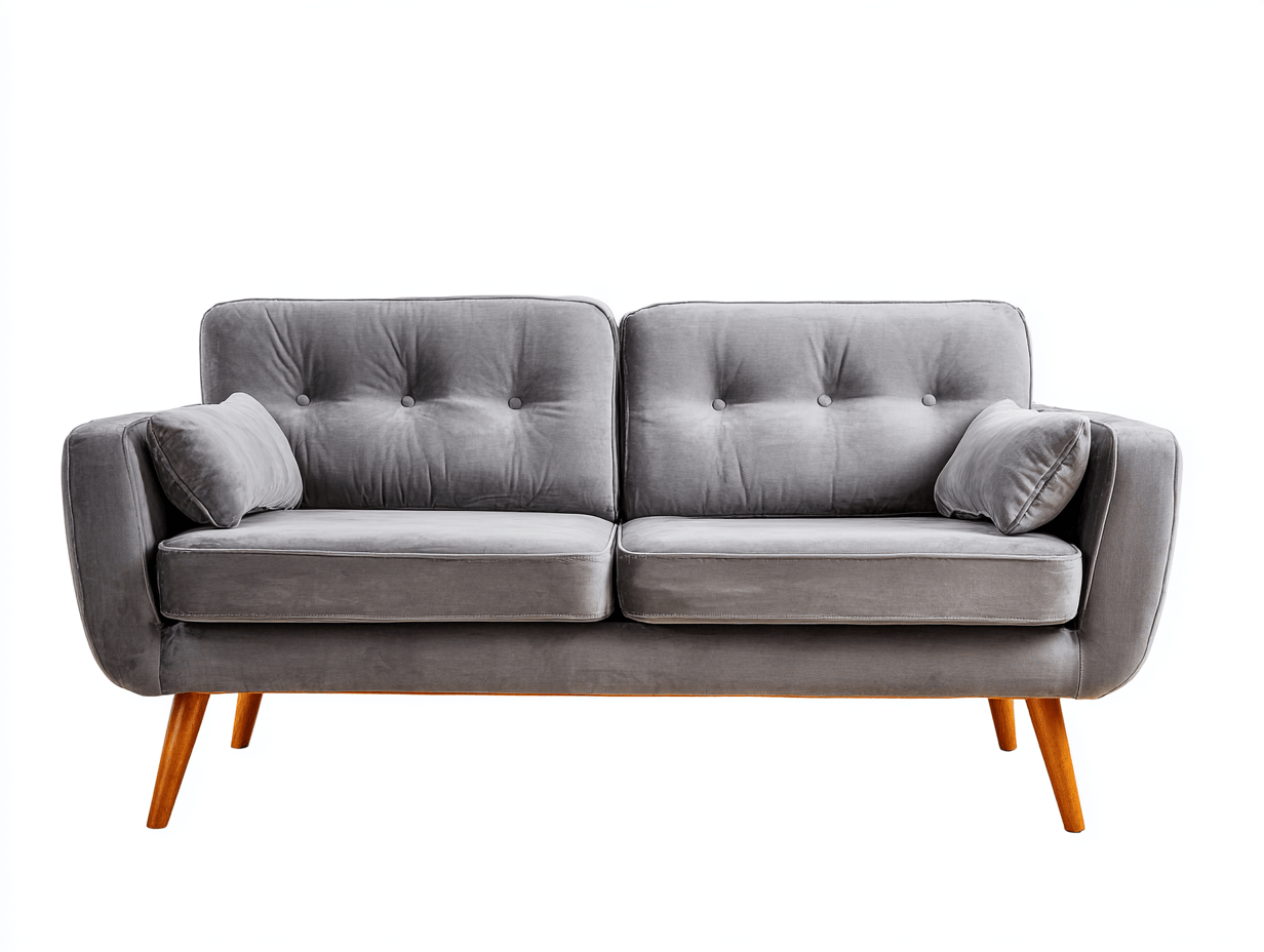 Canapé deux places - velours gris - style moderne avec coussins d’accoudoir et pieds en bois