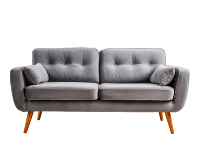 Canapé deux places - velours gris - style moderne avec coussins d’accoudoir et pieds en bois