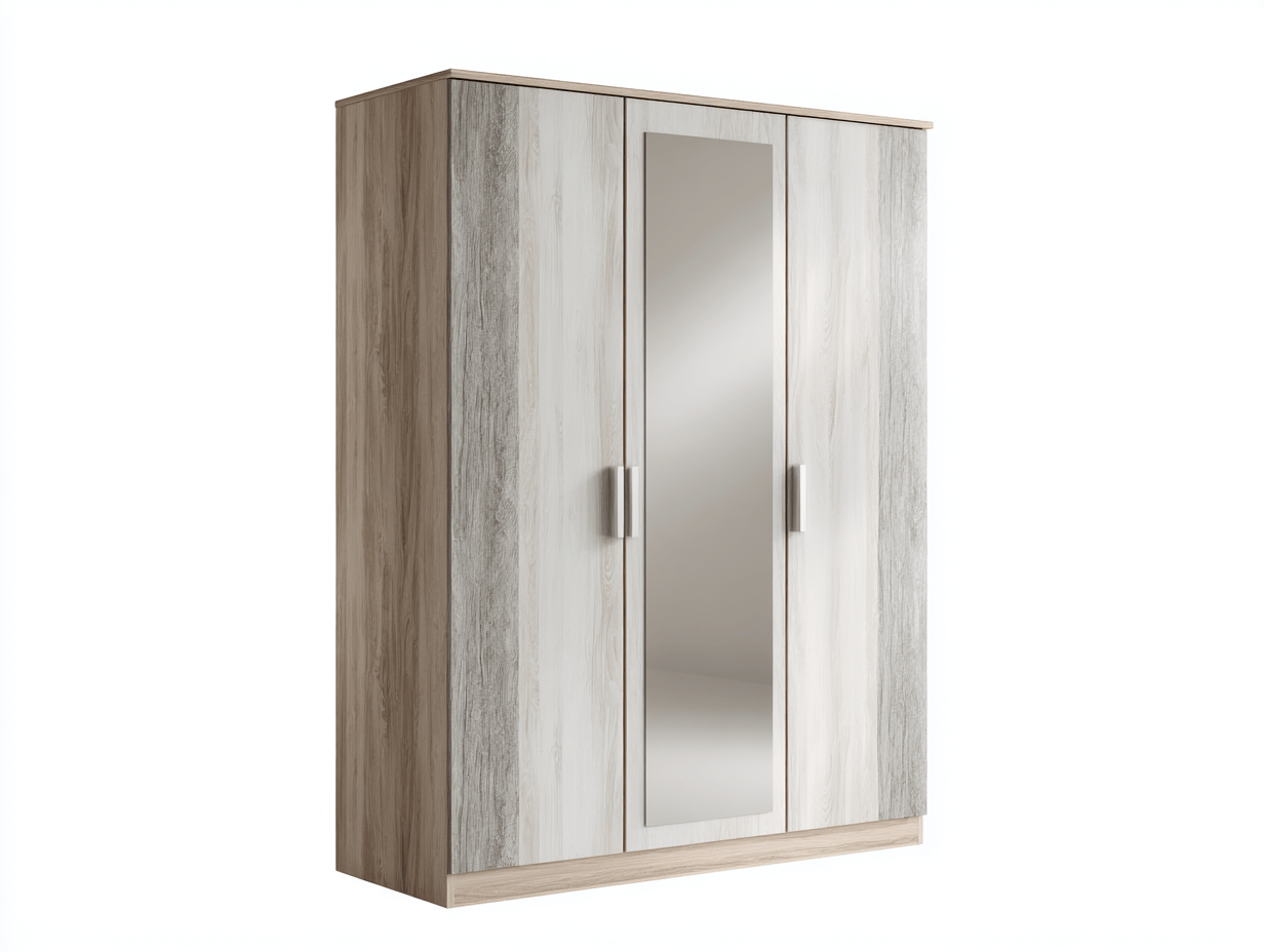 Armoire en bois – chêne clair et gris – avec miroir central