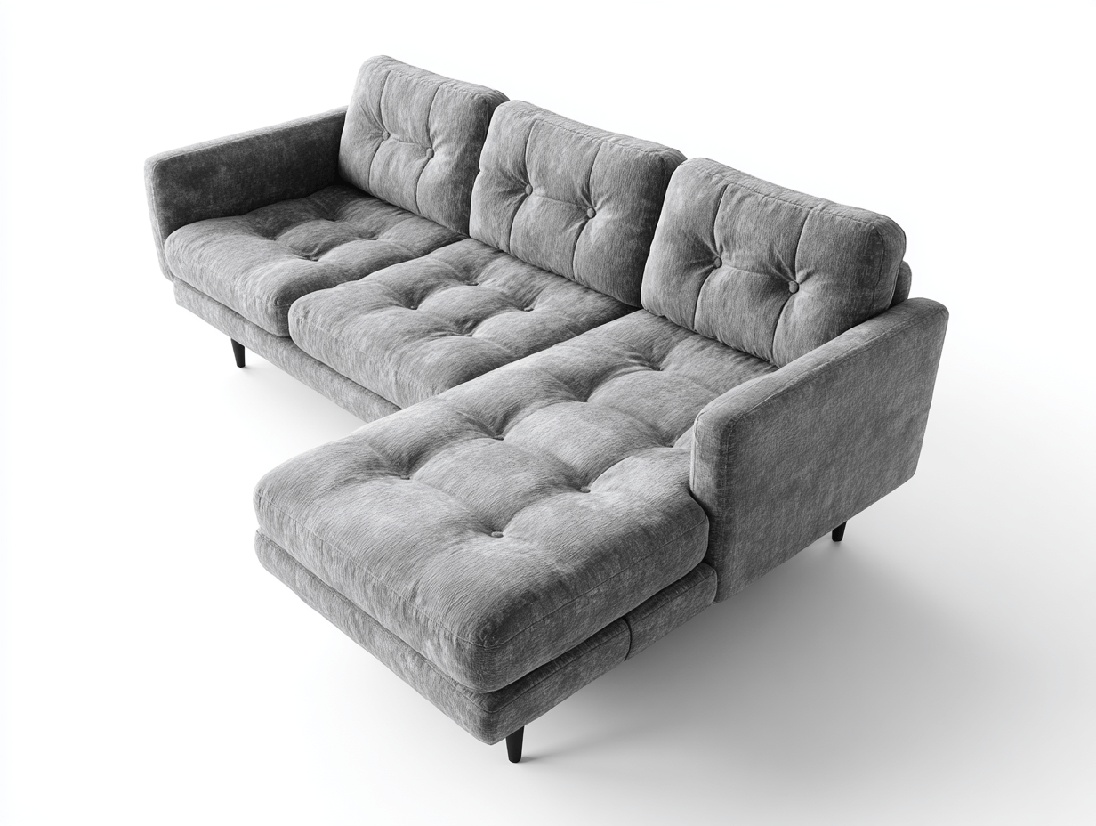 Canapé d'angle en tissu – gris – avec méridienne intégrée et coussins capitonnés