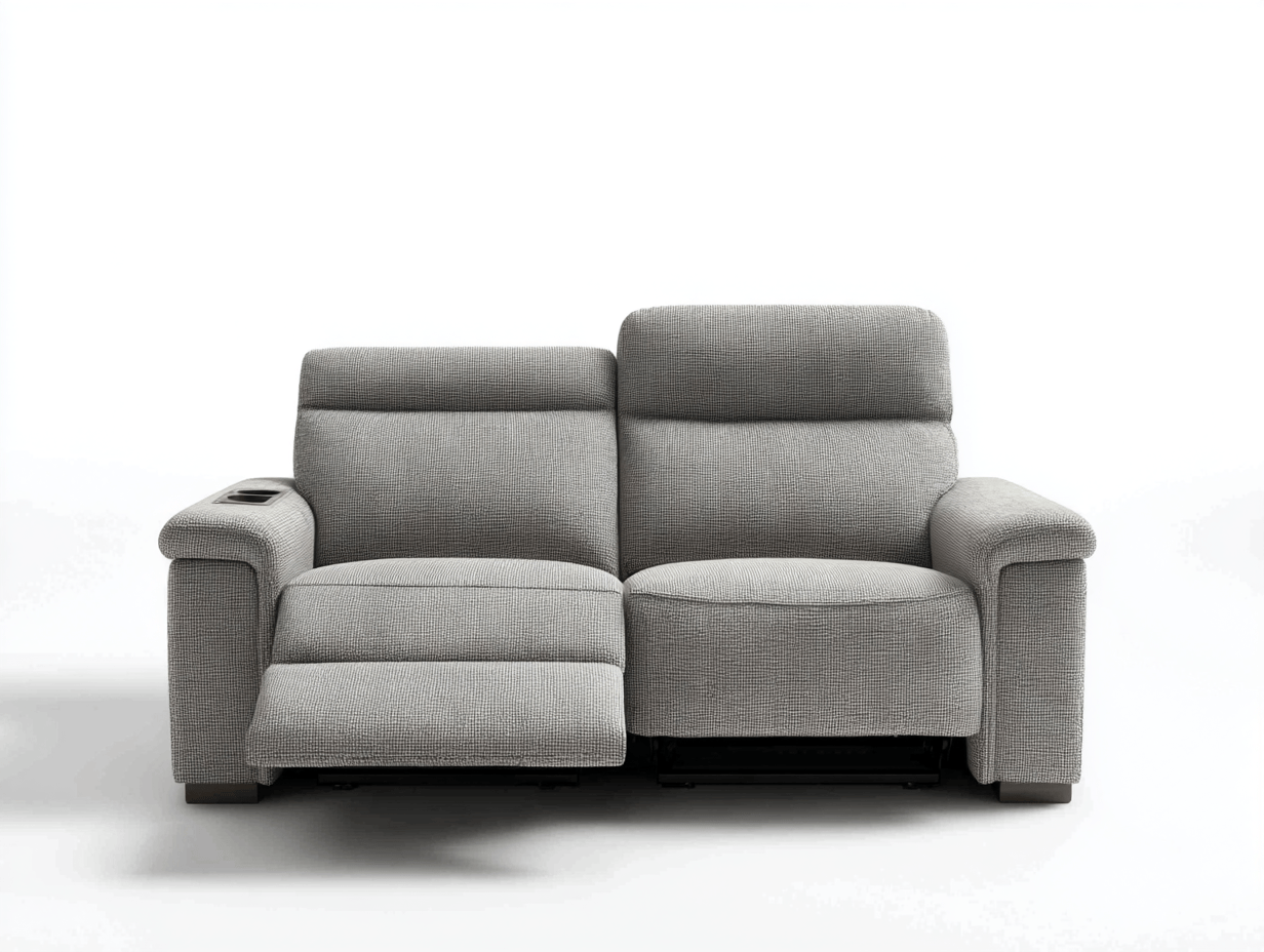 Canapé deux places inclinable - tissu gris - style moderne avec repose-pieds électrique sur une assise et porte-gobelet intégré