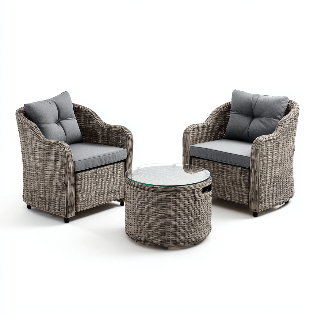 Salon de jardin 3 pièces – rotin synthétique – marron/gris foncé – avec coussins rembourrés