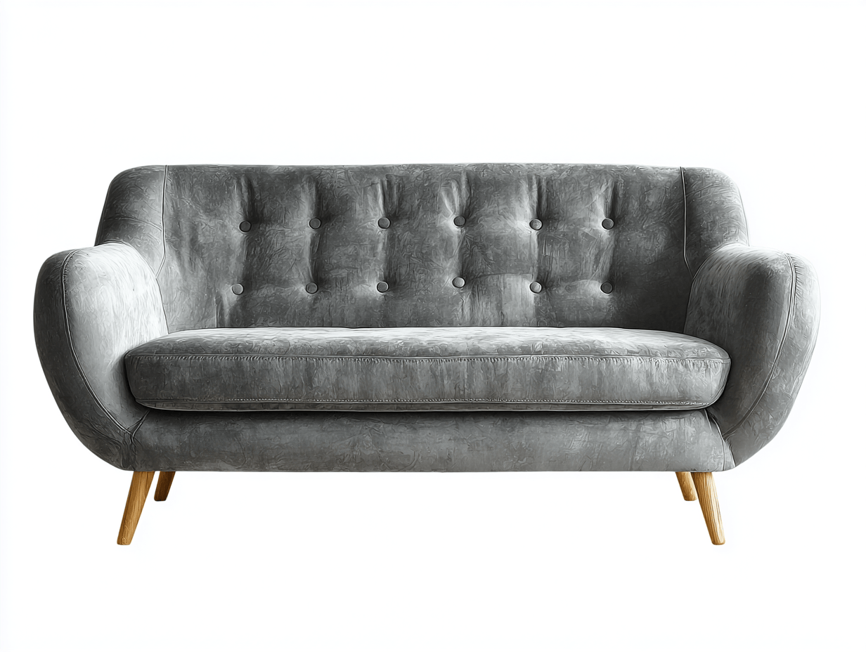 Canapé deux places - velours gris - style moderne avec dossier capitonné et pieds en bois