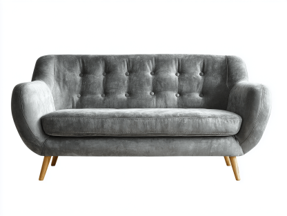 Canapé deux places - velours gris - style moderne avec dossier capitonné et pieds en bois