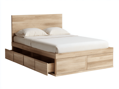 Lit double en bois clair – avec tiroirs de rangement – avec 2 coussins assortis