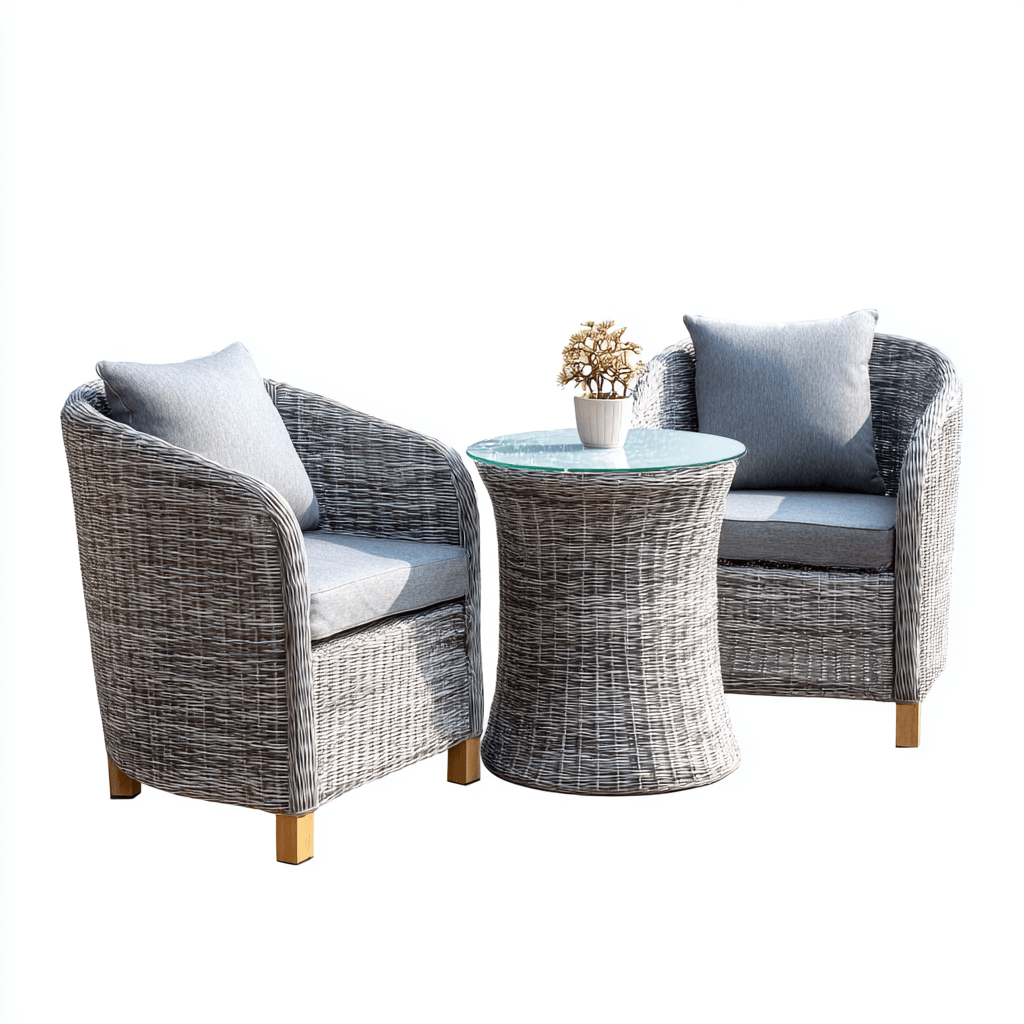 Salon de jardin 3 pièces – résine tressée – gris – avec coussins et table en verre