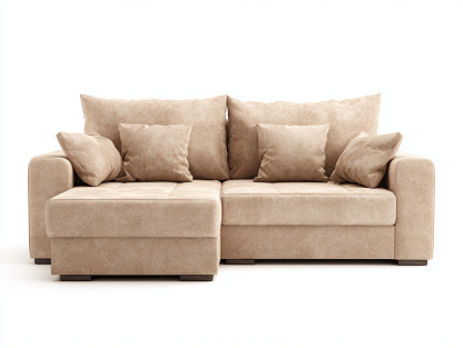 Canapé d'angle en tissu beige – avec méridienne fixe – 4 coussins décoratifs inclus