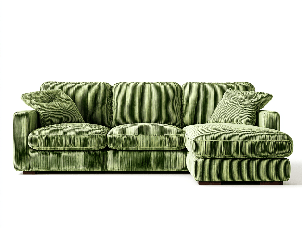 Canapé d'angle en velours côtelé – vert – avec méridienne intégrée