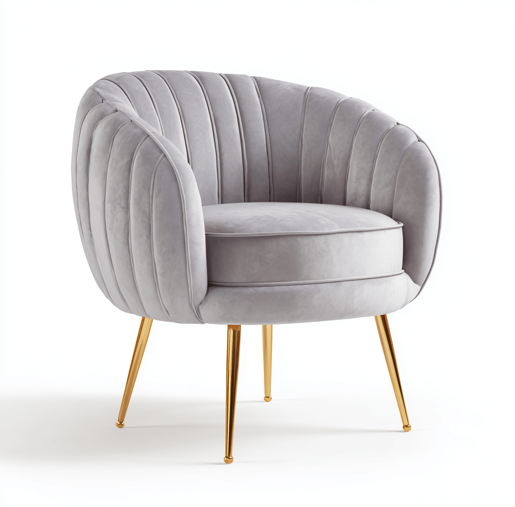 Fauteuil arrondi – velours gris clair – pieds dorés