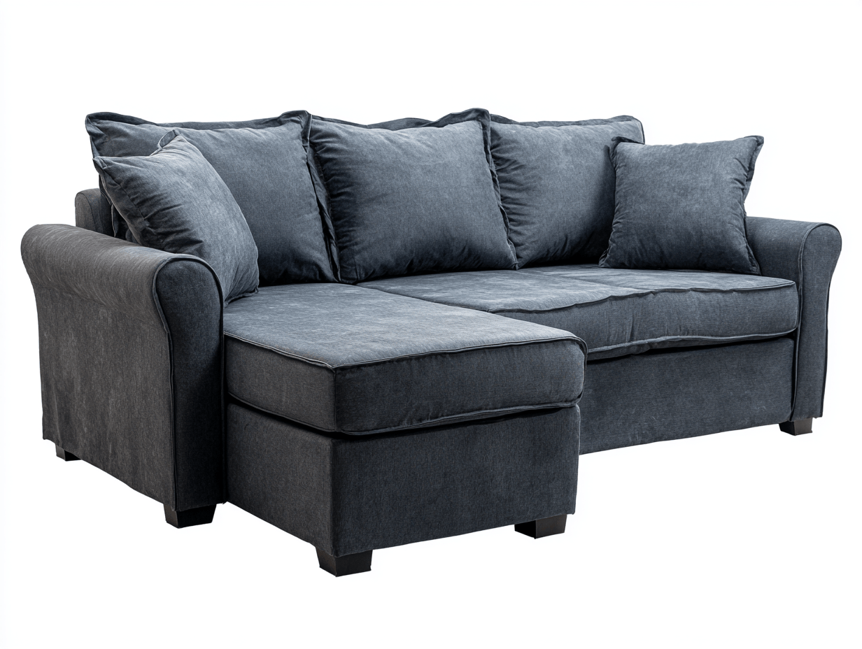 Canapé d'angle en tissu gris foncé – avec méridienne fixe – accoudoirs arrondis